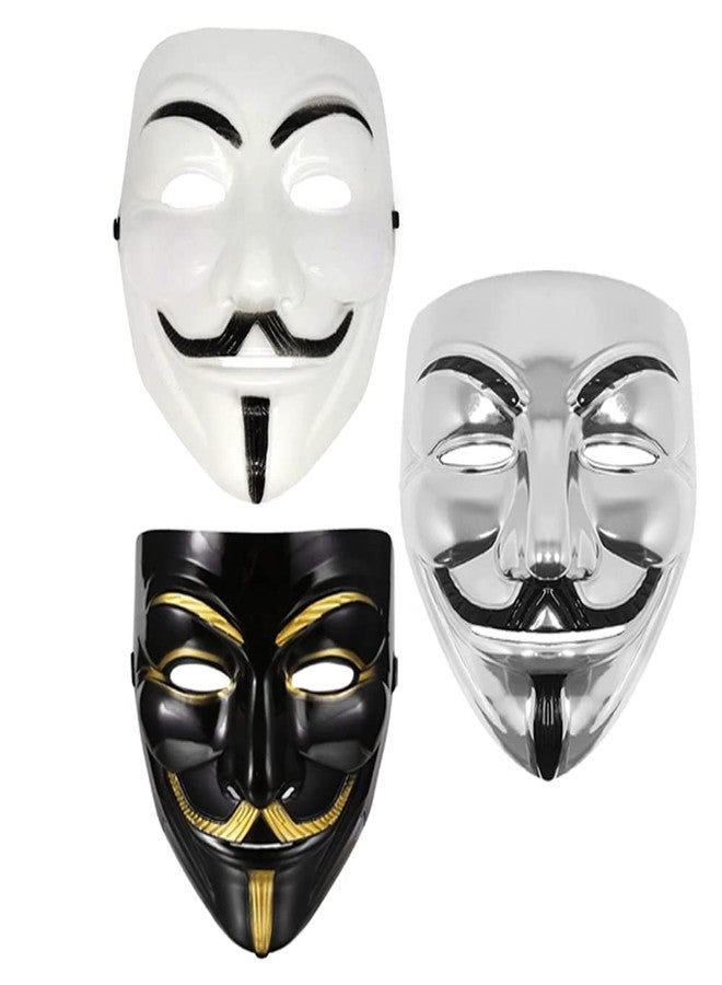 Western Era Stylish and Iconic V for Vendetta Silver, White & Black Cosplay Mask: Perfect for Fans of the Movie and Graphic Novel with its Distinctive Design and Comfortable Fit. (Combo Of 3) - Image 1